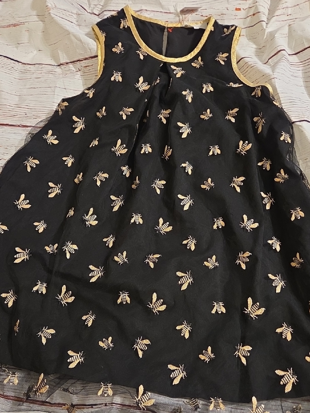 Corey Lynn Calter Black Dress with Gold Trim and Bee Embroidery